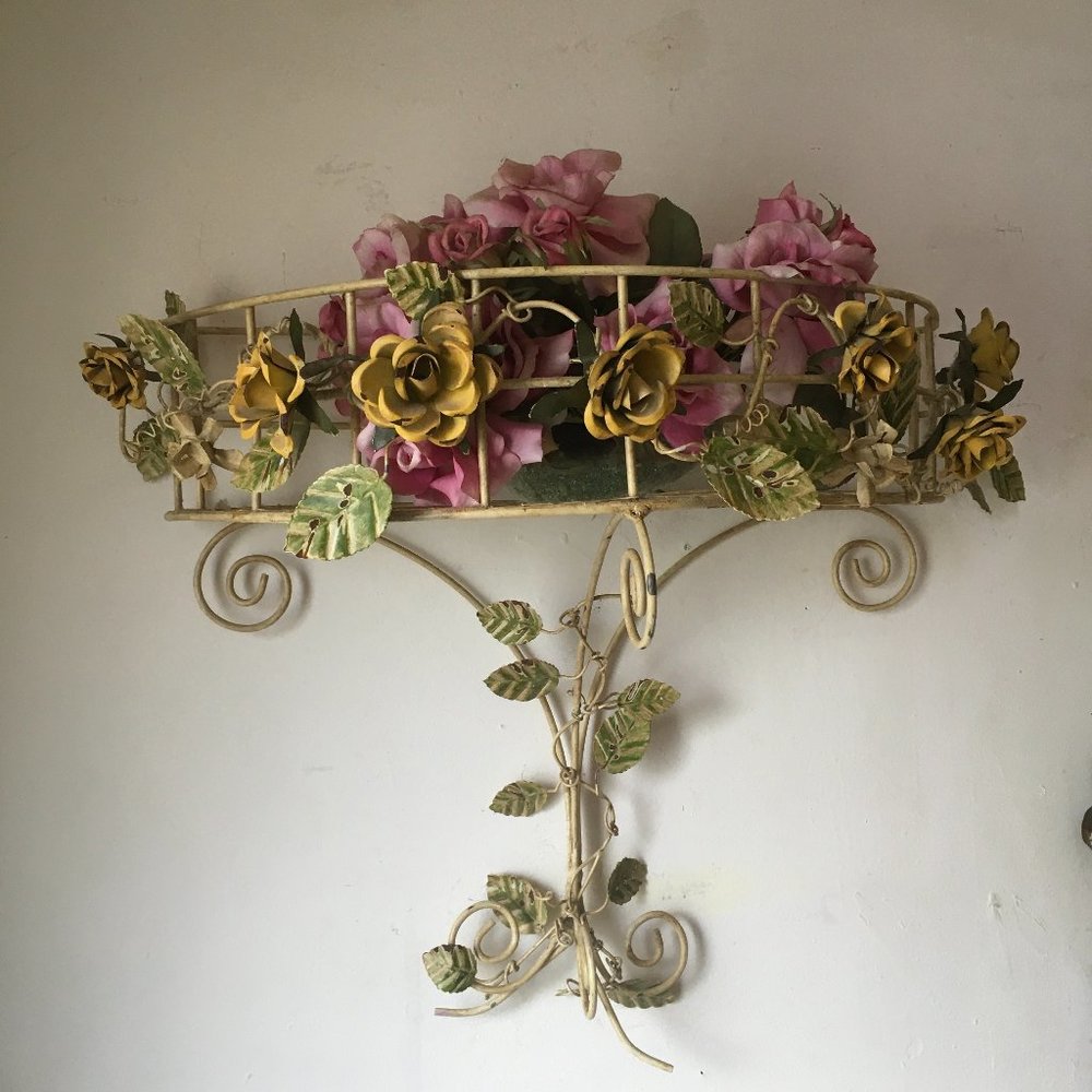 Beautiful Vintage Italian Tole Toleware Yellow Roses Demi Wall Shelf
